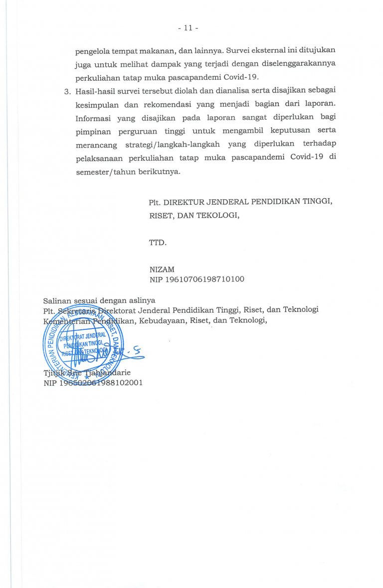 Surat Edaran - Panduan Penyelenggaraan Pembelajaran Semester Genap TA 2021-2022 di PT pada Masa Pamdemi Corona Virus Disease 2019-15