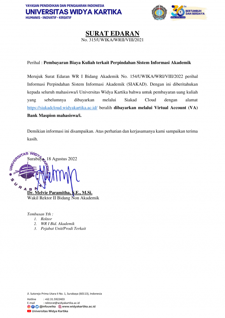 SURAT EDARAN WR II - Pembayaran Biaya Kuliah terkait Perpindahan SIAKAD (1)